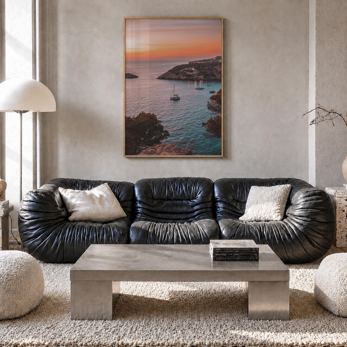 Ibiza colorful photo poster of Spain – vertical wall art in natural wood frame, hanging on wall