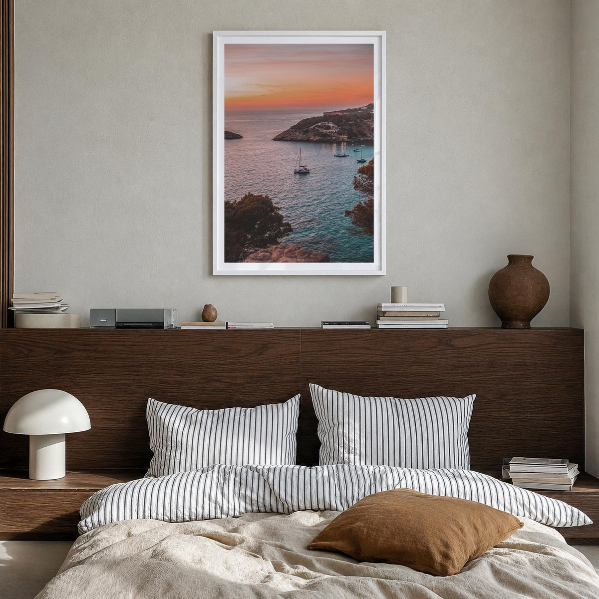 Ibiza colorful photo poster of Spain – vertical wall art in white wood frame with white border, hanging on wall