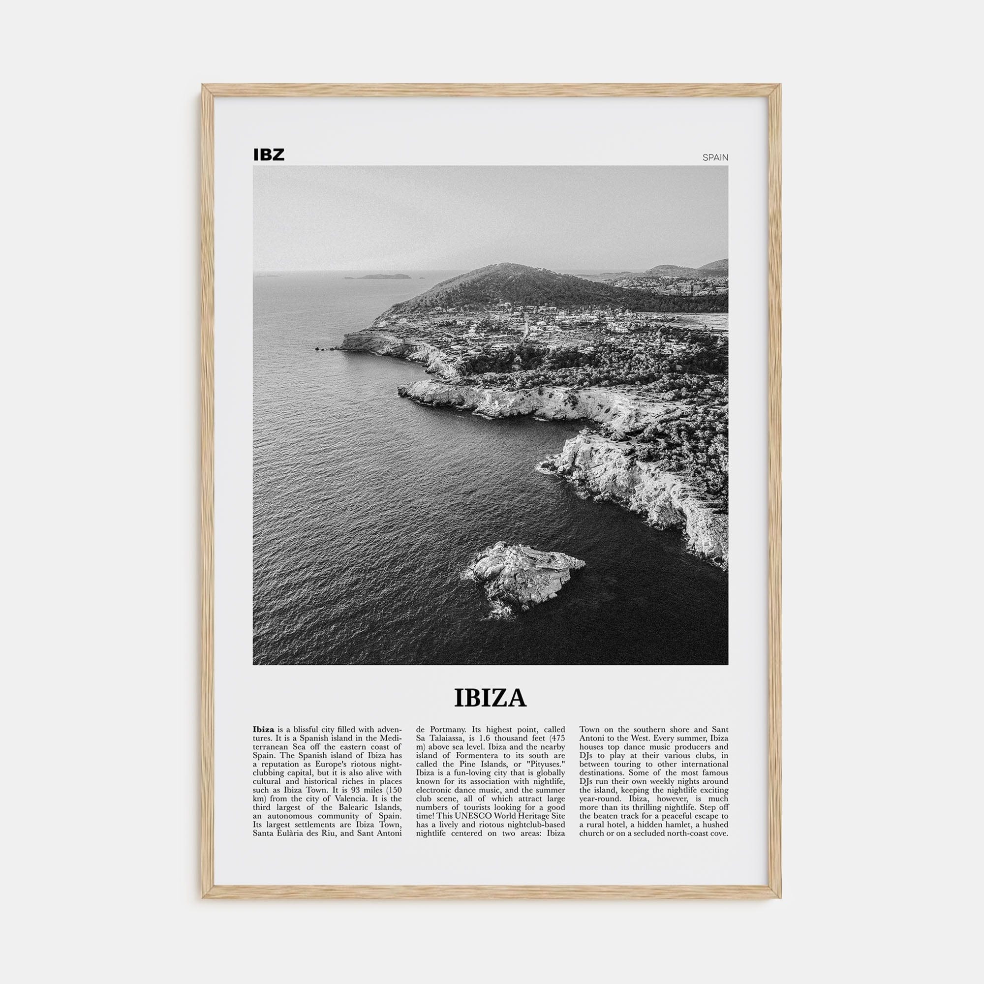 Ibiza Poster Natural Wood / 8x12 in Nbourhood Travel B&W Poster