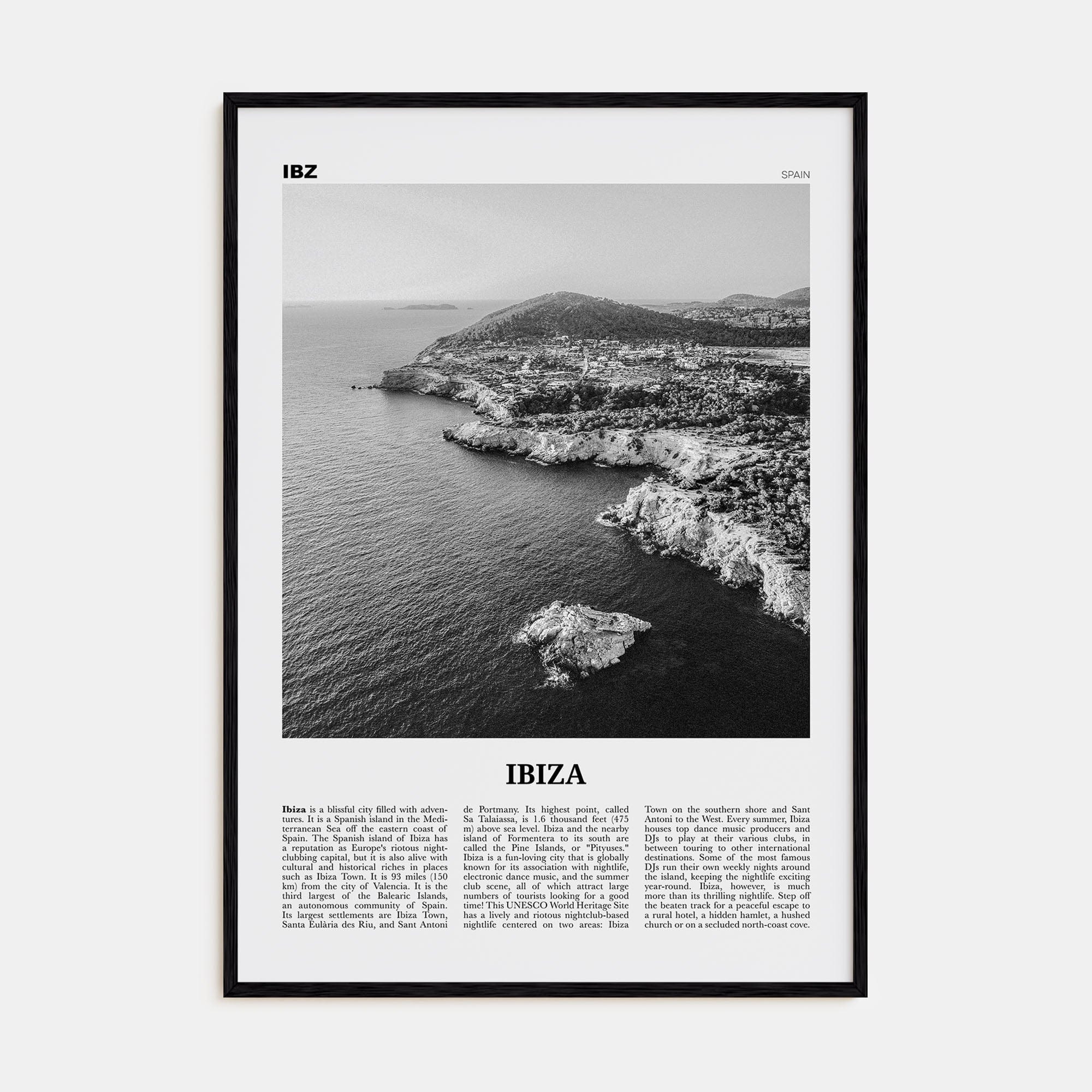 Ibiza Poster Black Wood / 8x12 in Nbourhood Travel B&W Poster