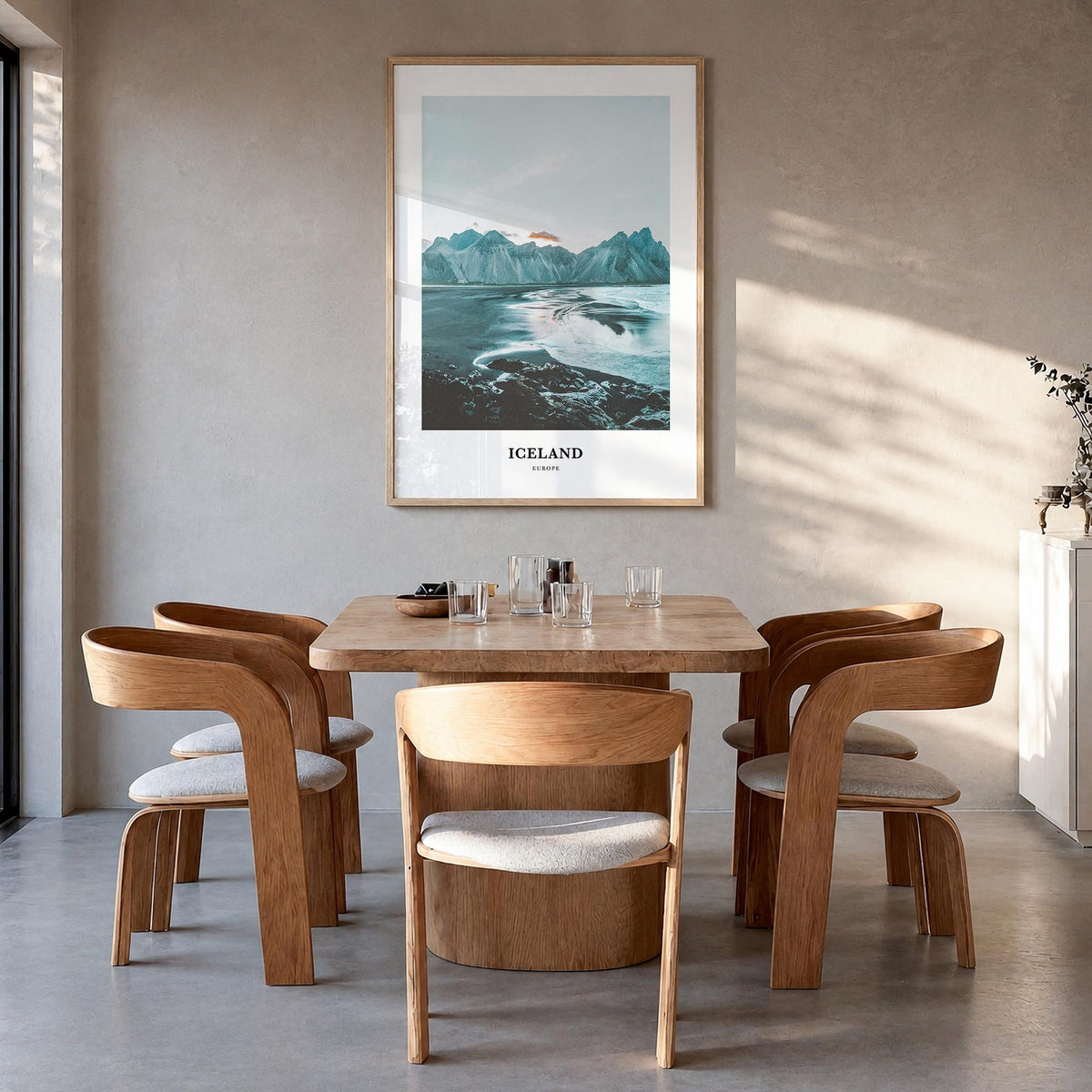 Iceland colorful classic poster of Europe – vertical wall art in natural wood frame, hanging on wall