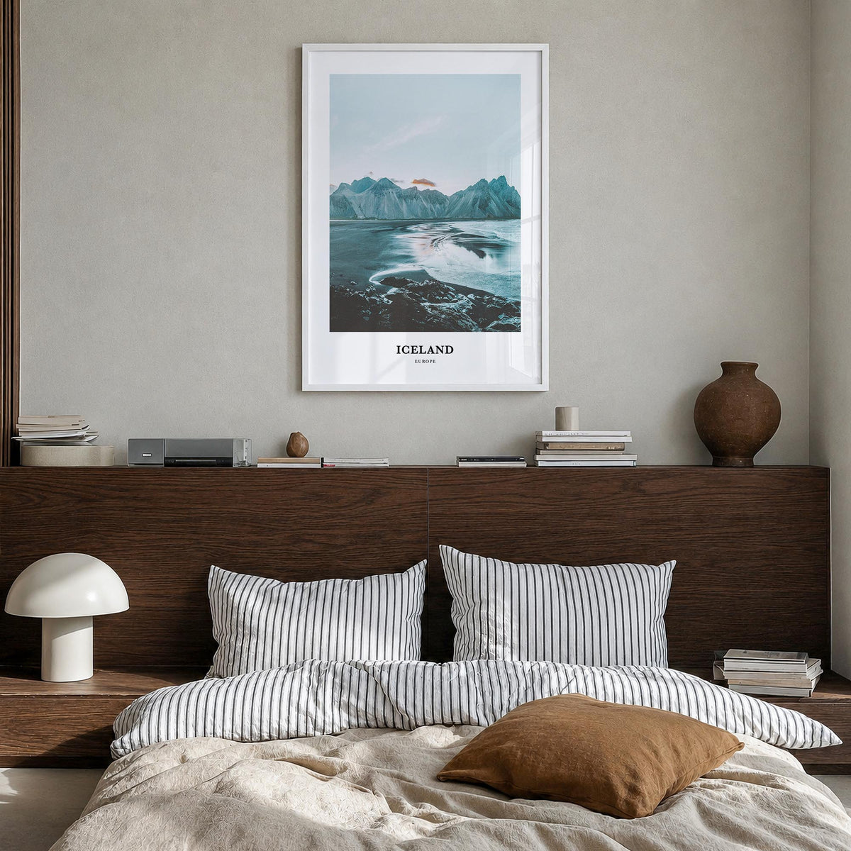 Iceland colorful classic poster of Europe – vertical wall art in white wood frame, hanging on wall