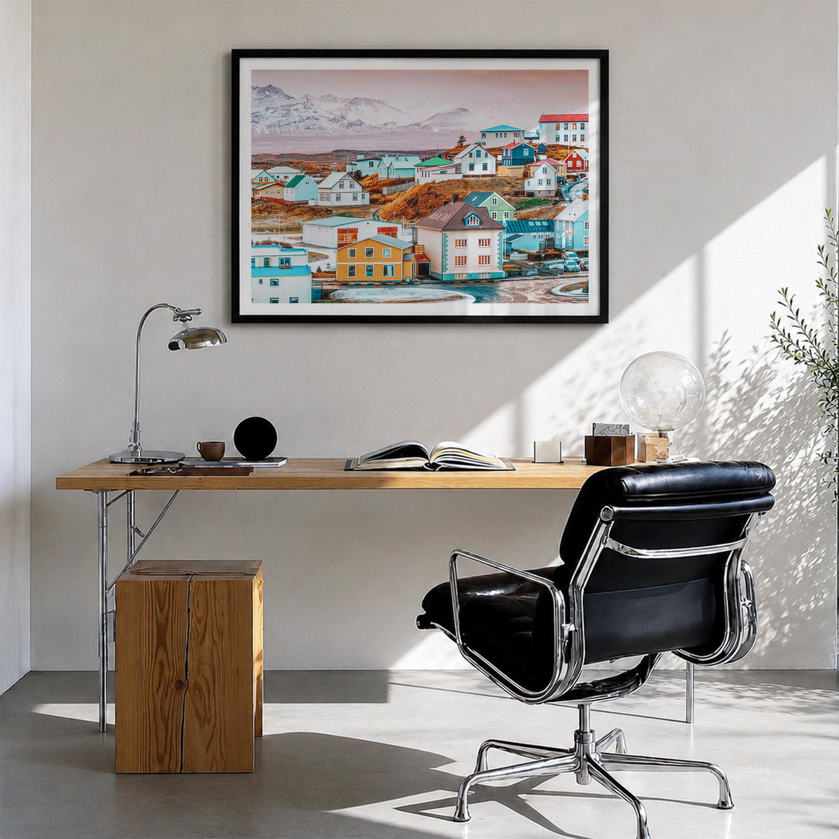 Iceland colorful photo poster of Europe – horizontal wall art in black wood frame with white border, hanging on wall