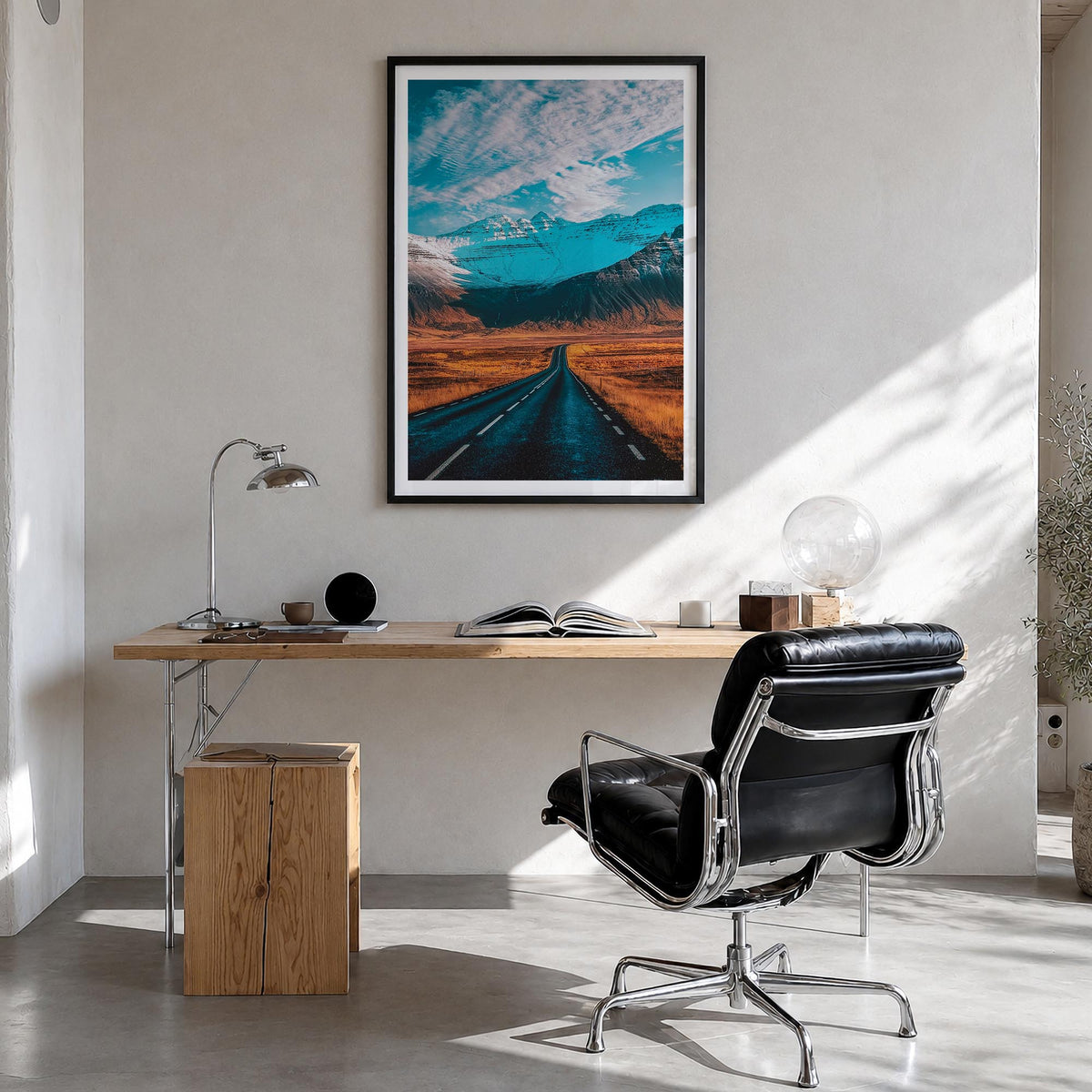 Iceland colorful photo poster of Europe – vertical wall art in black wood frame with white border, hanging on wall