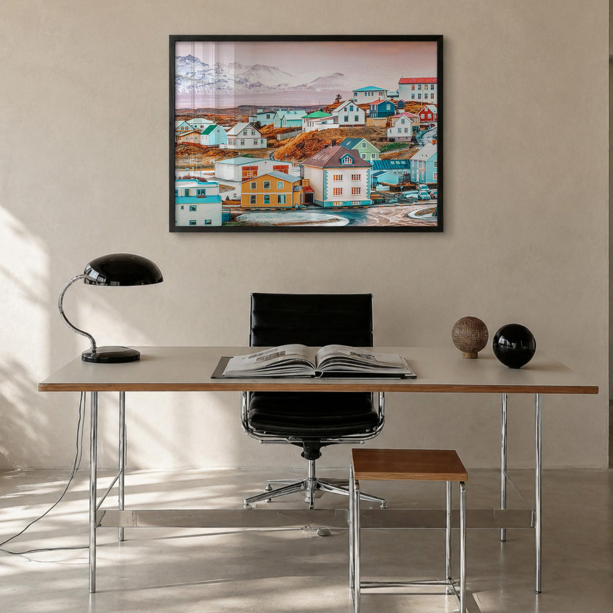 Iceland colorful photo poster of Europe – horizontal wall art in black wood frame, hanging on wall