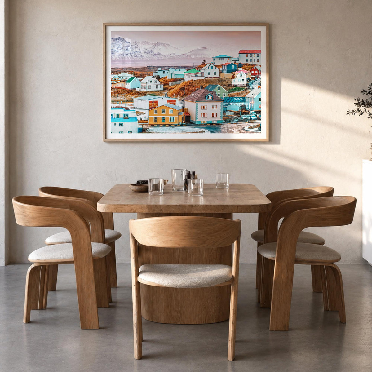 Iceland colorful photo poster of Europe – horizontal wall art in natural wood frame with white border, hanging on wall