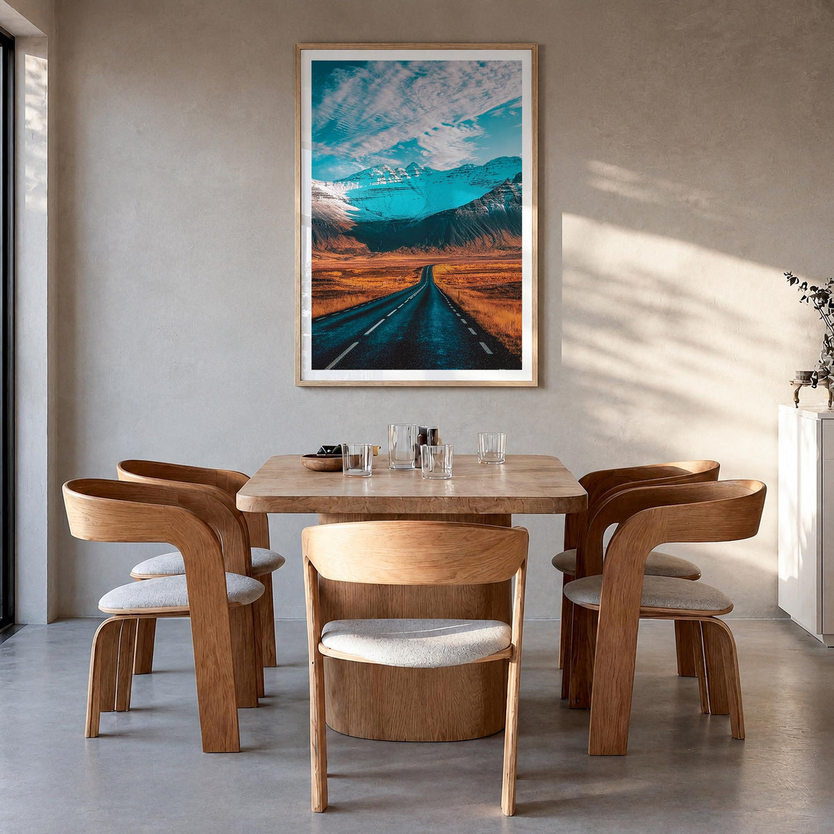 Iceland colorful photo poster of Europe – vertical wall art in natural wood frame with white border, hanging on wall