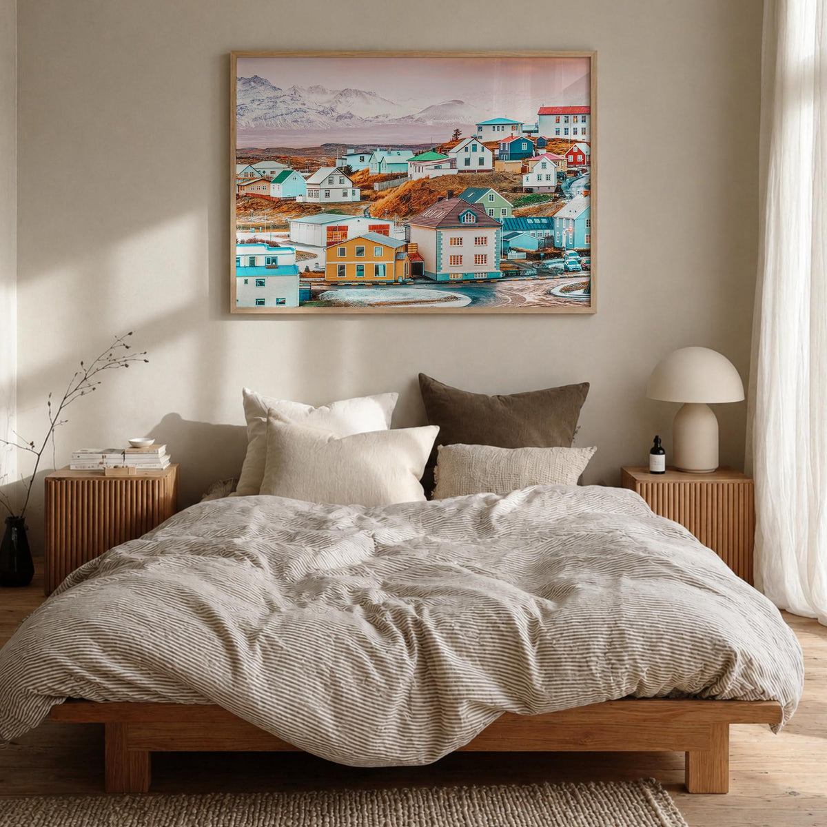 Iceland colorful photo poster of Europe – horizontal wall art in natural wood frame, hanging on wall