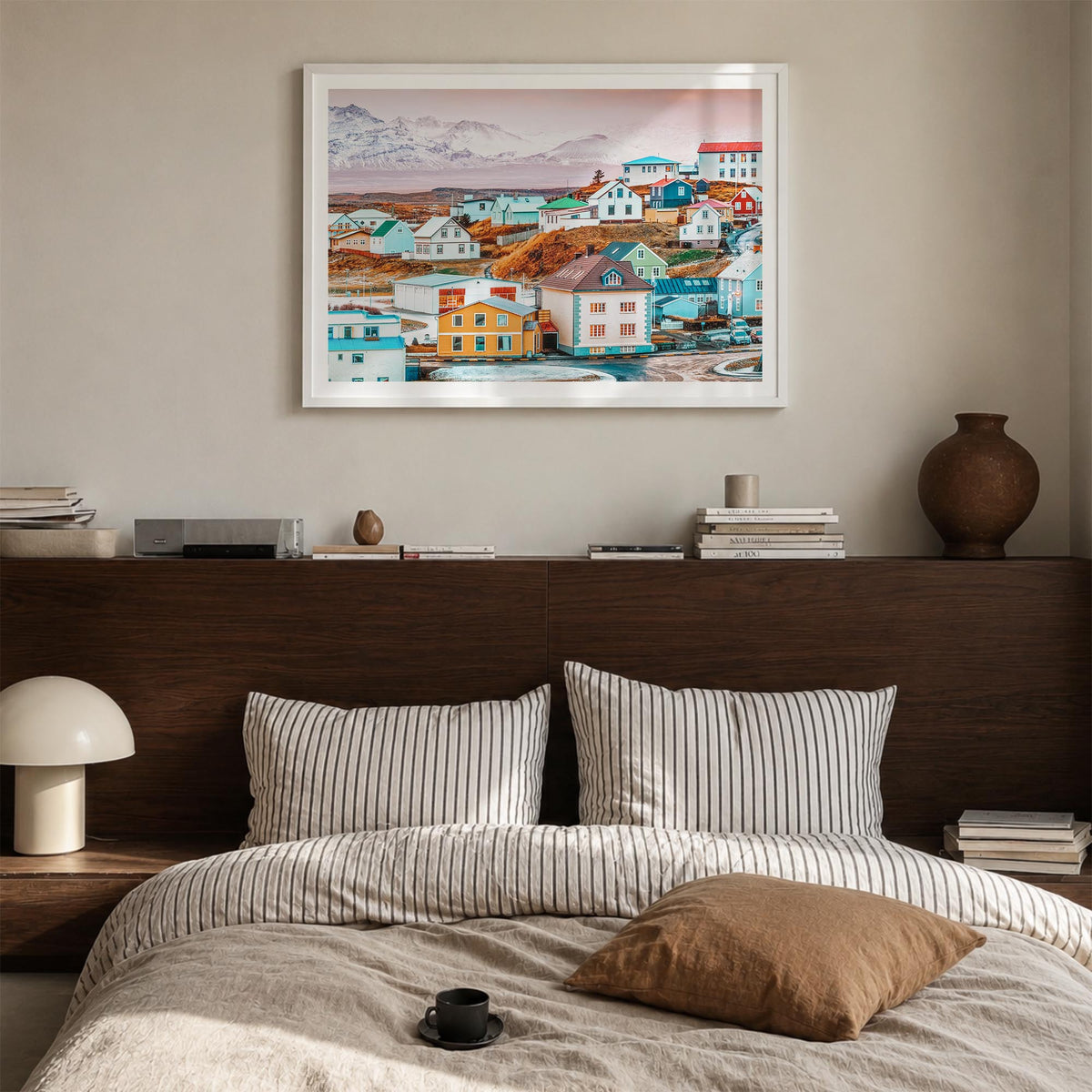 Iceland colorful photo poster of Europe – horizontal wall art in white wood frame with white border, hanging on wall