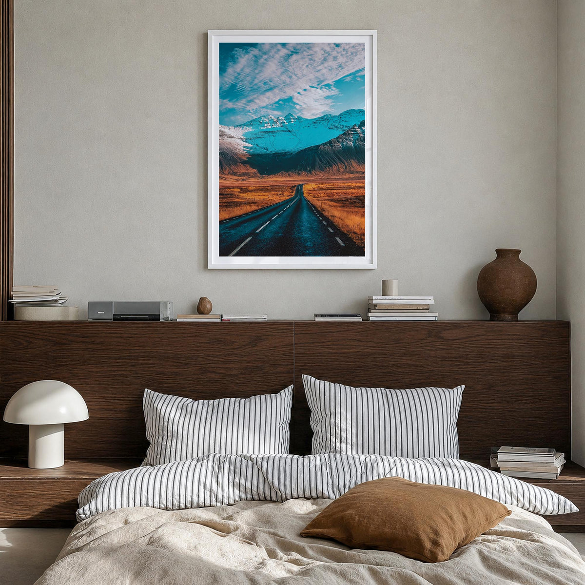 Iceland colorful photo poster of Europe – vertical wall art in white wood frame with white border, hanging on wall