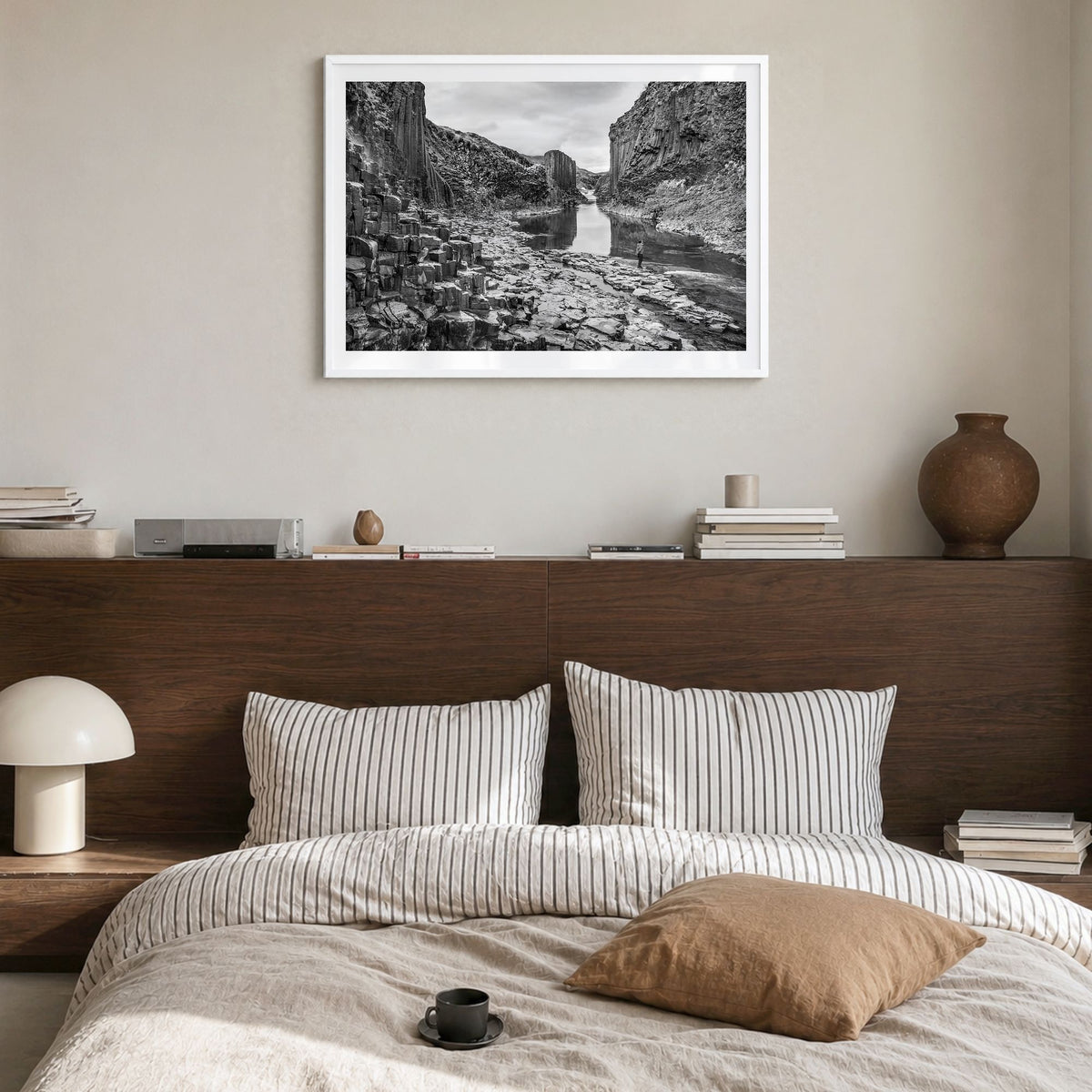 Iceland Photo Poster in a white wood frame, hanging in a bedroom, white border