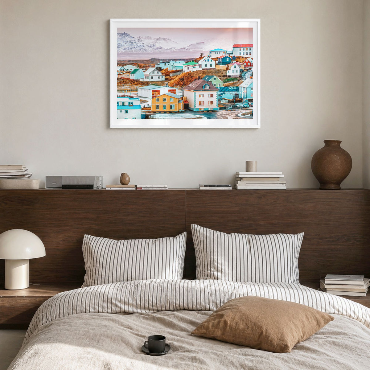 Iceland Photo Poster in a white wood frame, hanging in a bedroom, white border