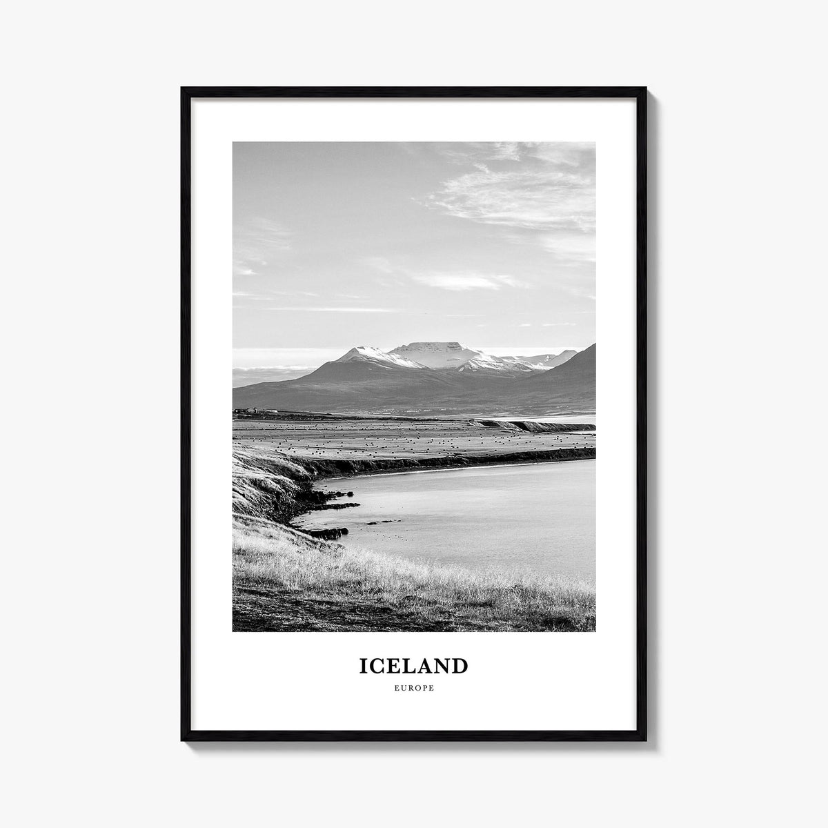 Iceland no. 1 black & white classic poster of Europe – vertical wall art, unframed print shown in interior mockup
