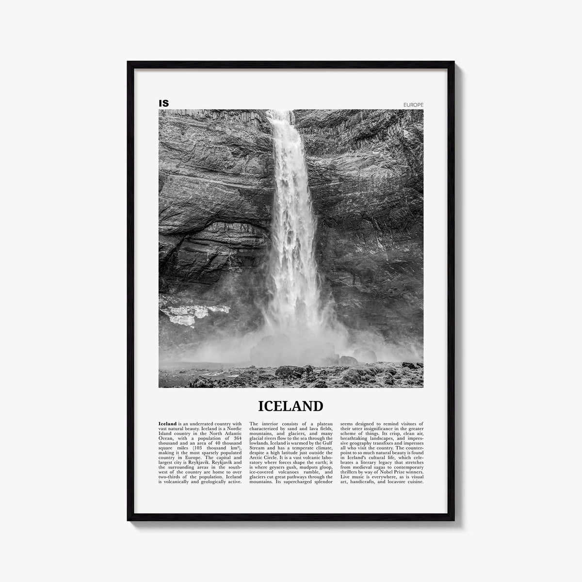 Iceland no. 1 black & white newspaper poster of Europe – vertical wall art, unframed print shown in interior mockup