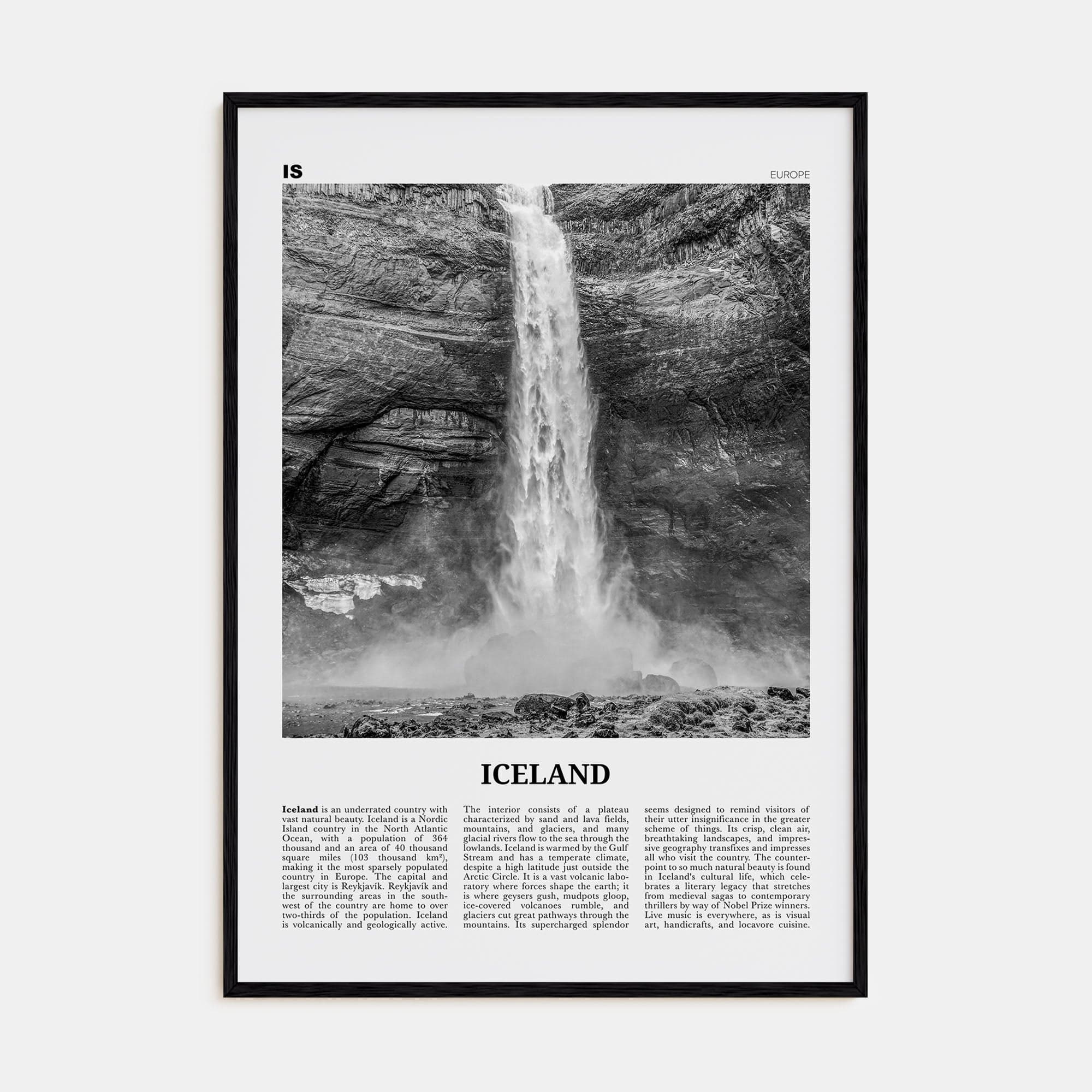 Iceland No 1 Poster Black Wood / 8x12 in Nbourhood Travel B&W Poster