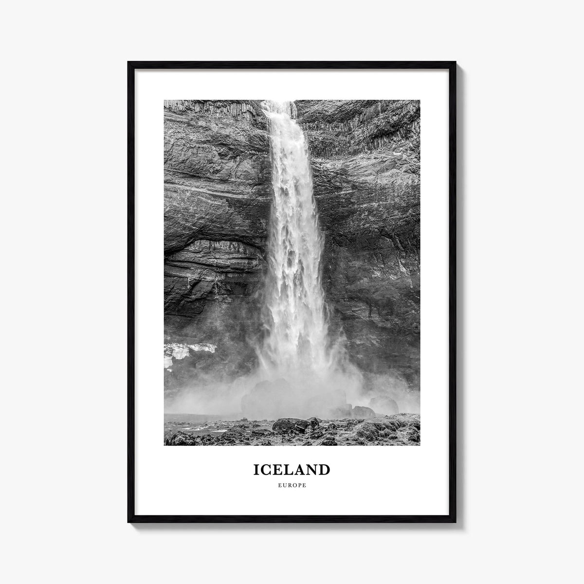 Iceland no. 2 black & white classic poster of Europe – vertical wall art, unframed print shown in interior mockup