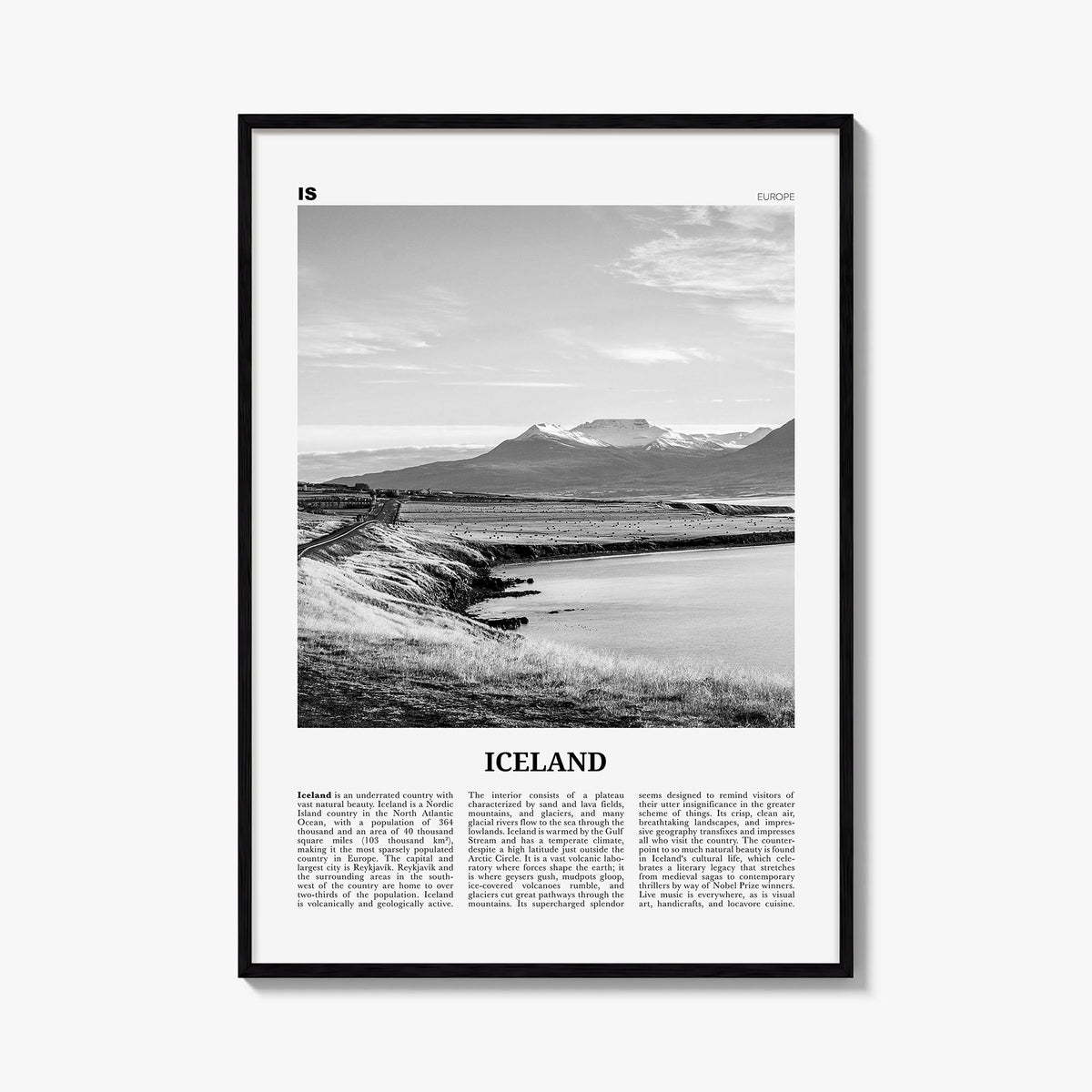 Iceland no. 2 black & white newspaper poster of Europe – vertical wall art, unframed print shown in interior mockup
