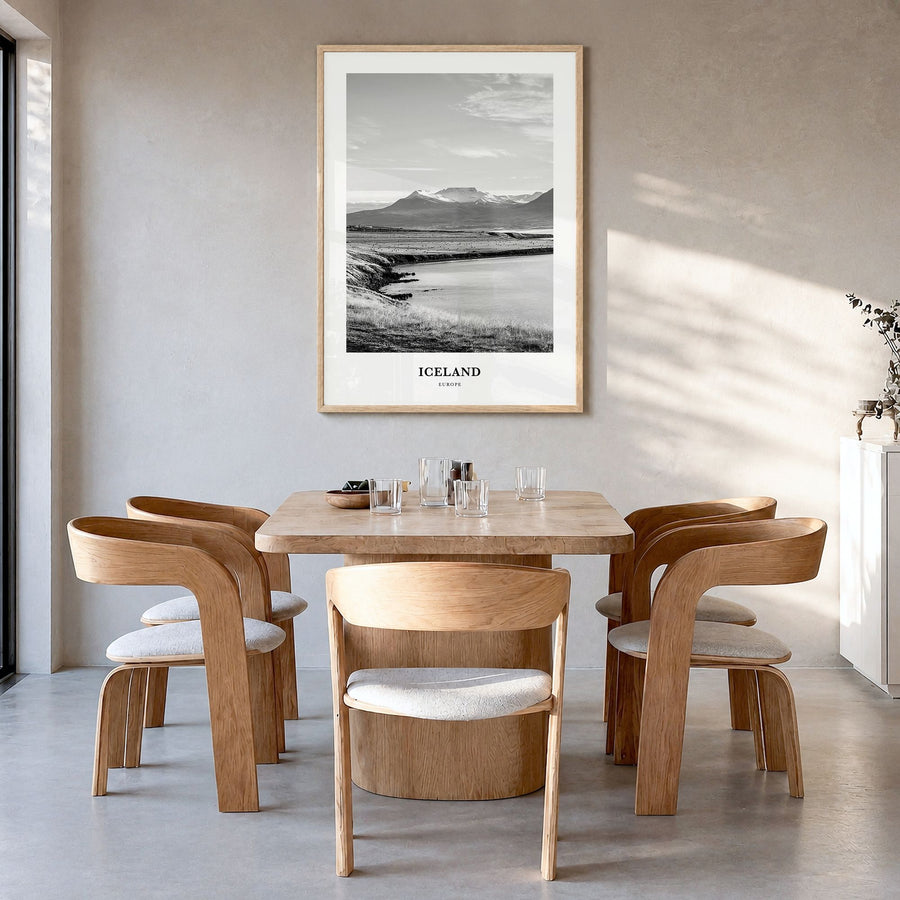 Iceland Classic No 1 Poster in a natural wood frame, hanging in a dining room