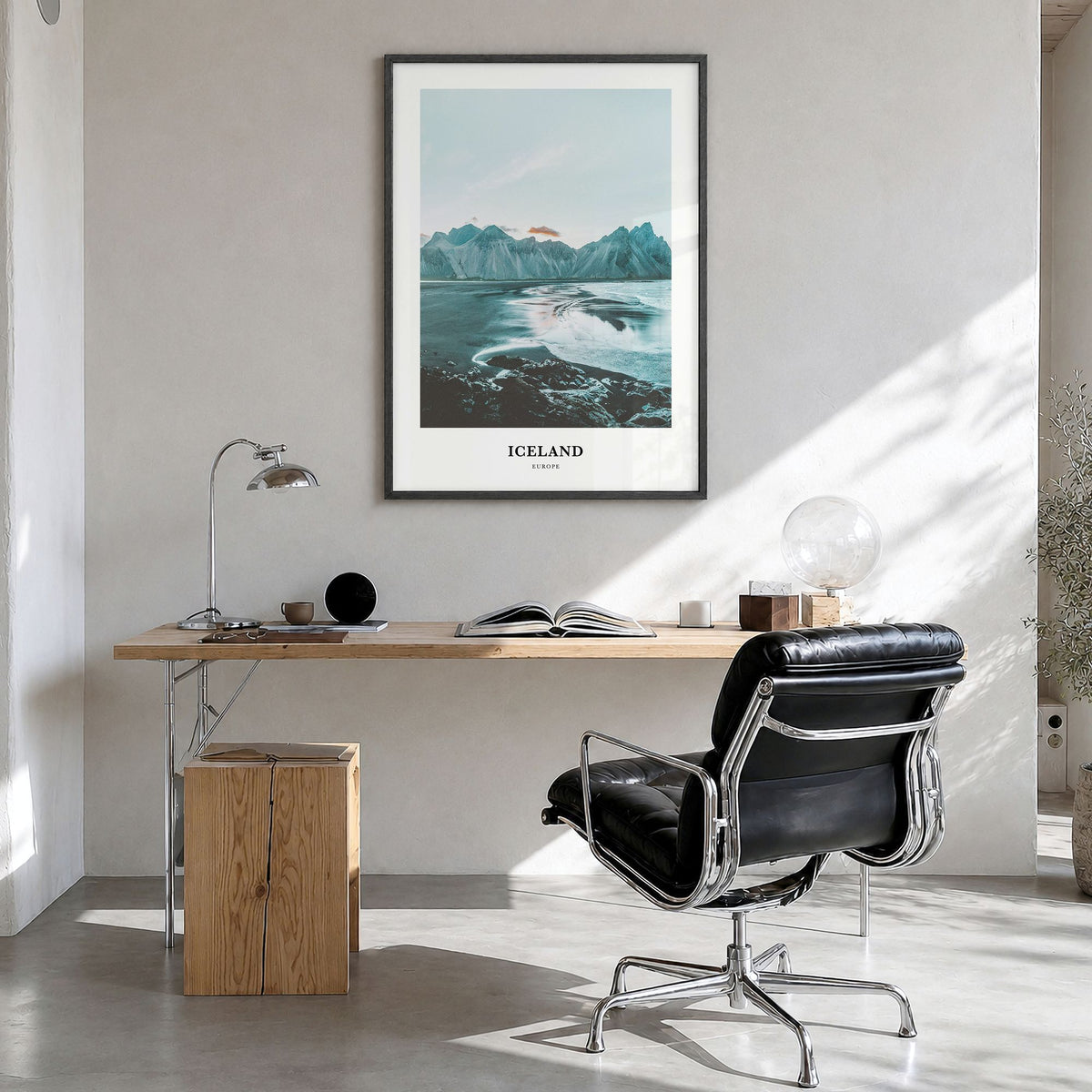 Iceland Classic Poster in a black wood frame, hanging in a bright home office