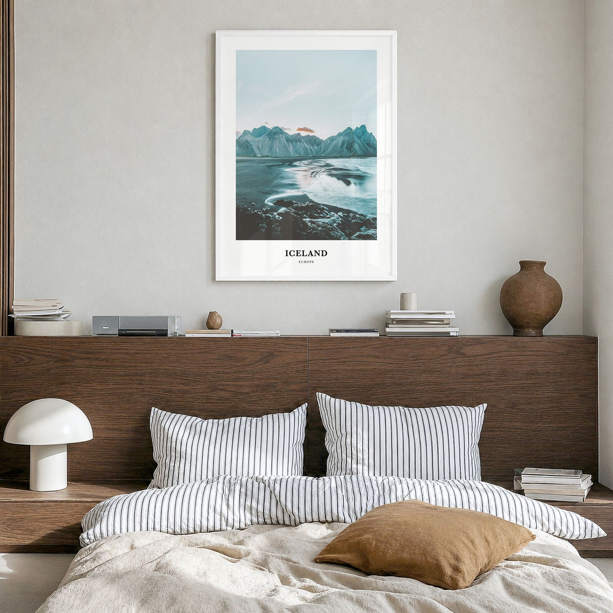 Iceland Classic Poster in a white wood frame, hanging in a bedroom