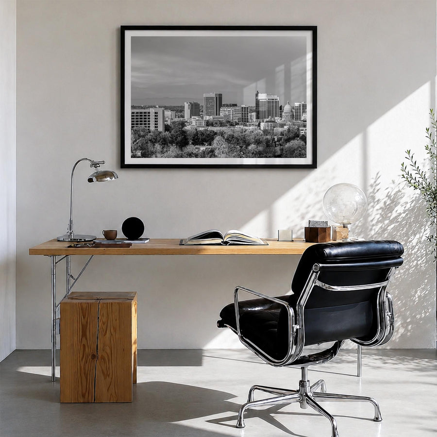 Idaho black & white photo poster of United States – horizontal wall art in black wood frame with white border, hanging on wal