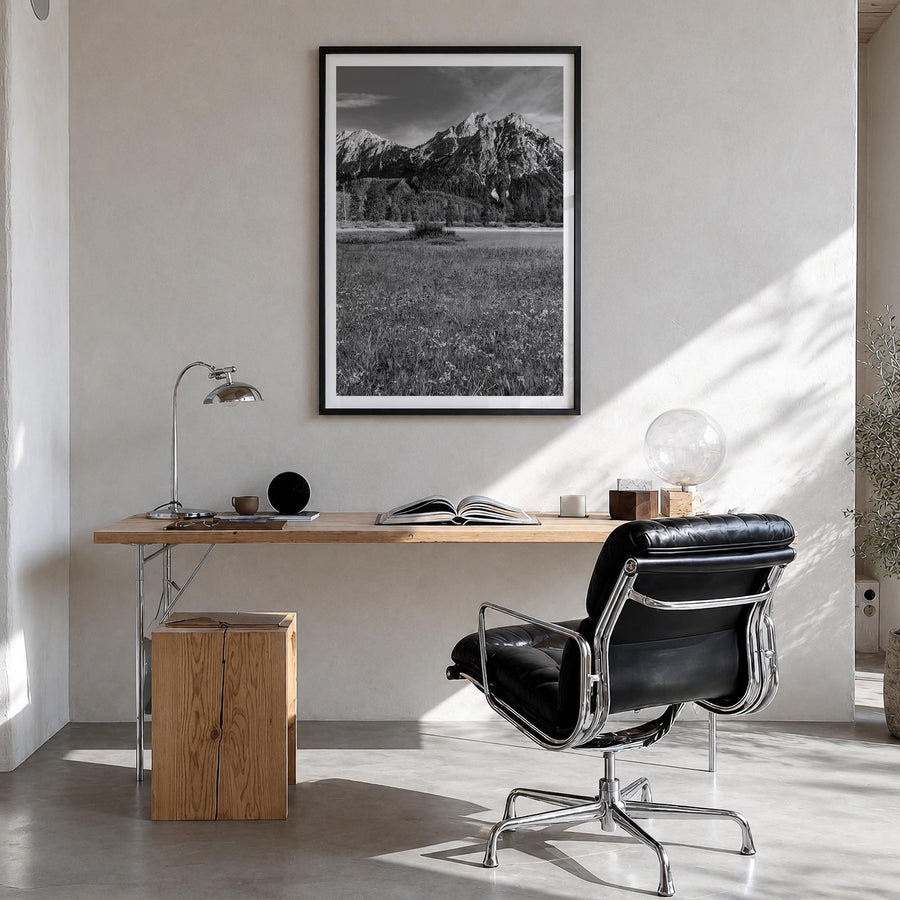 Idaho black & white photo poster of United States – vertical wall art in black wood frame with white border, hanging on wall