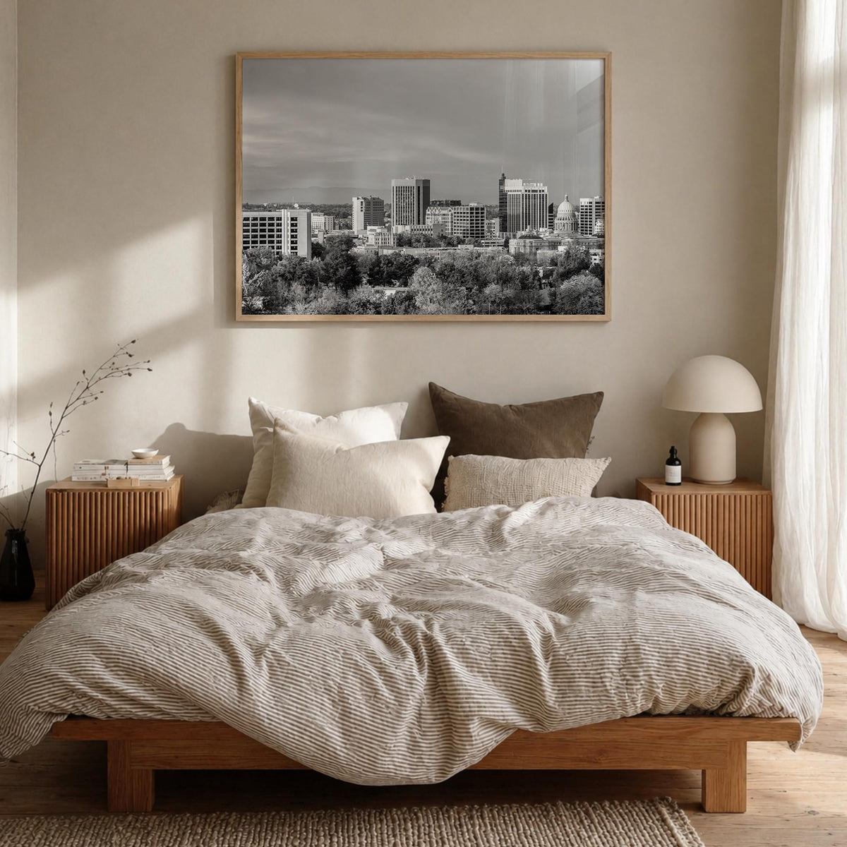 Idaho black & white photo poster of United States – horizontal wall art in natural wood frame, hanging on wall