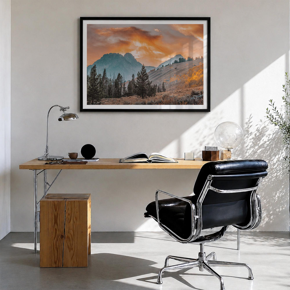Idaho colorful photo poster of United States – horizontal wall art in black wood frame with white border, hanging on wall