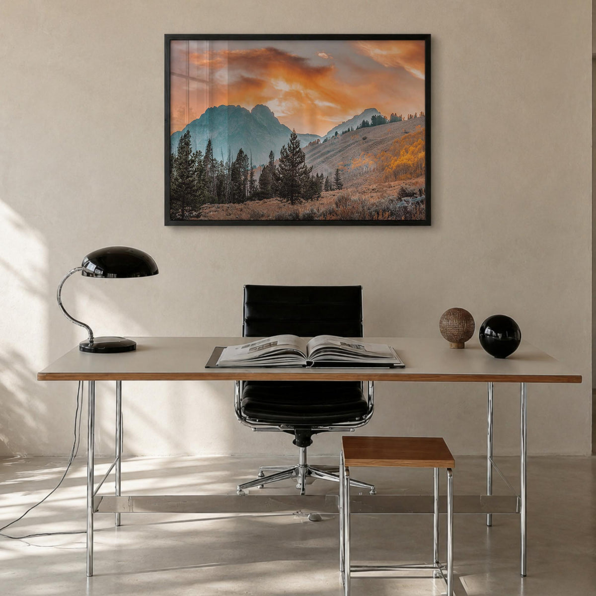 Idaho colorful photo poster of United States – horizontal wall art in black wood frame, hanging on wall
