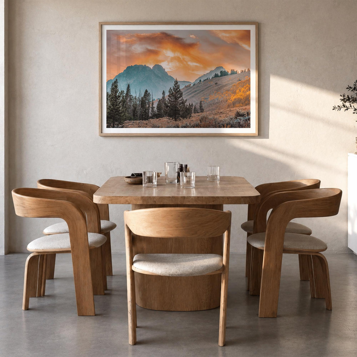 Idaho colorful photo poster of United States – horizontal wall art in natural wood frame with white border, hanging on wall