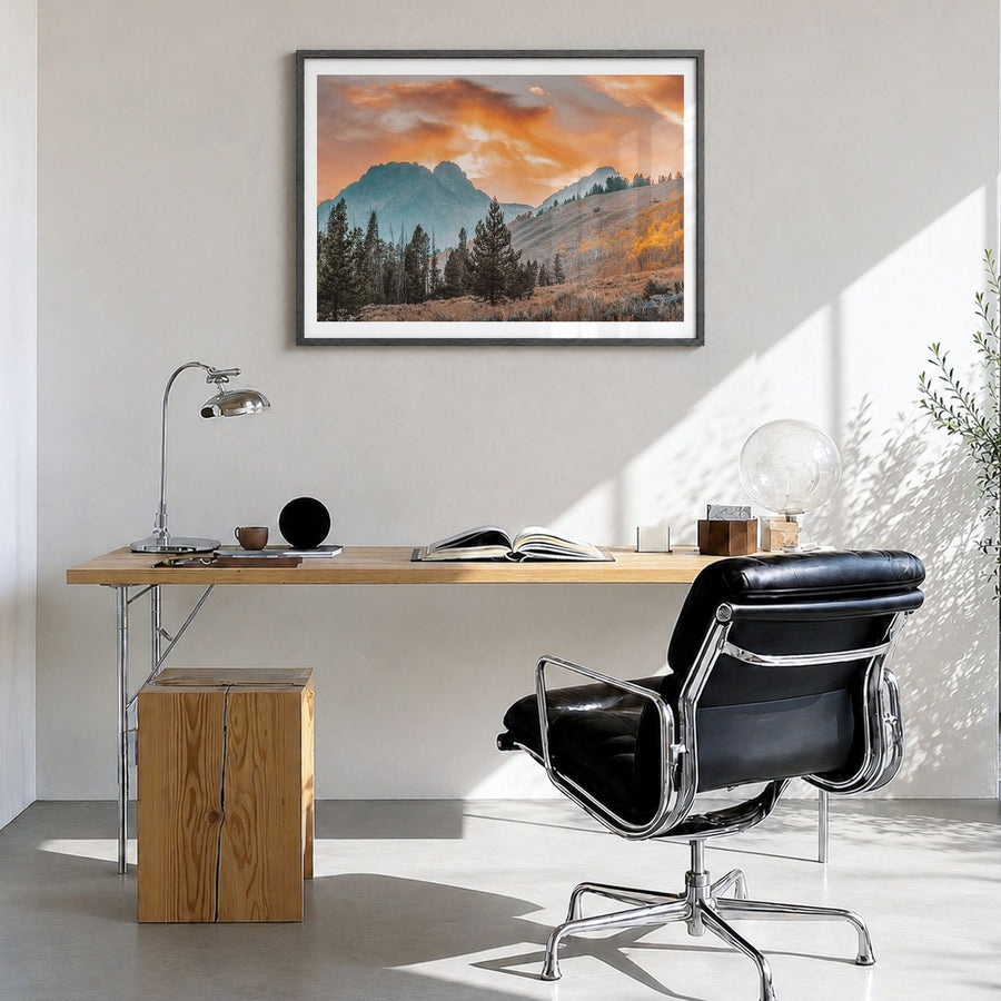 Idaho Photo Poster in a black wood frame, hanging in a bright home office, white border