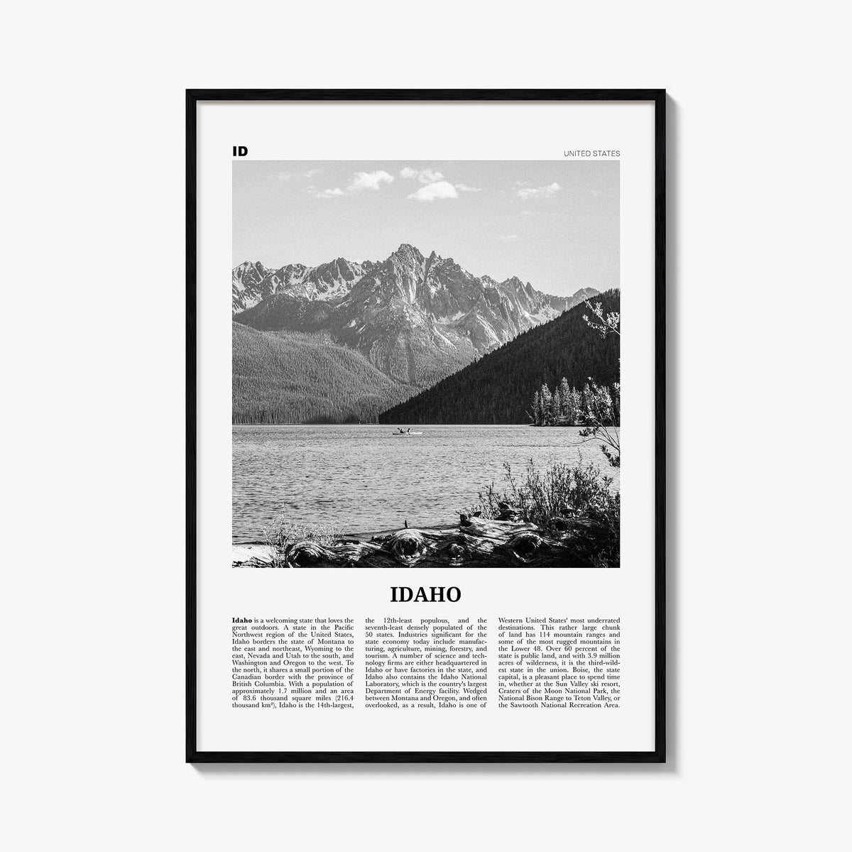 Idaho no. 1 black & white newspaper poster of United States – vertical wall art, unframed print shown in interior mockup