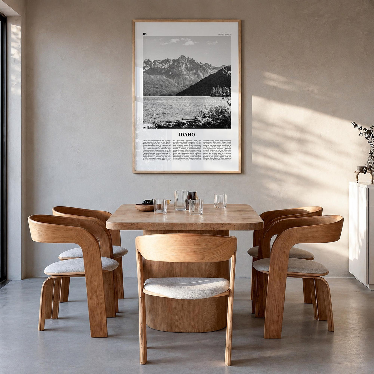Idaho no. 1 black & white newspaper poster of United States – vertical wall art in natural wood frame, hanging on wall