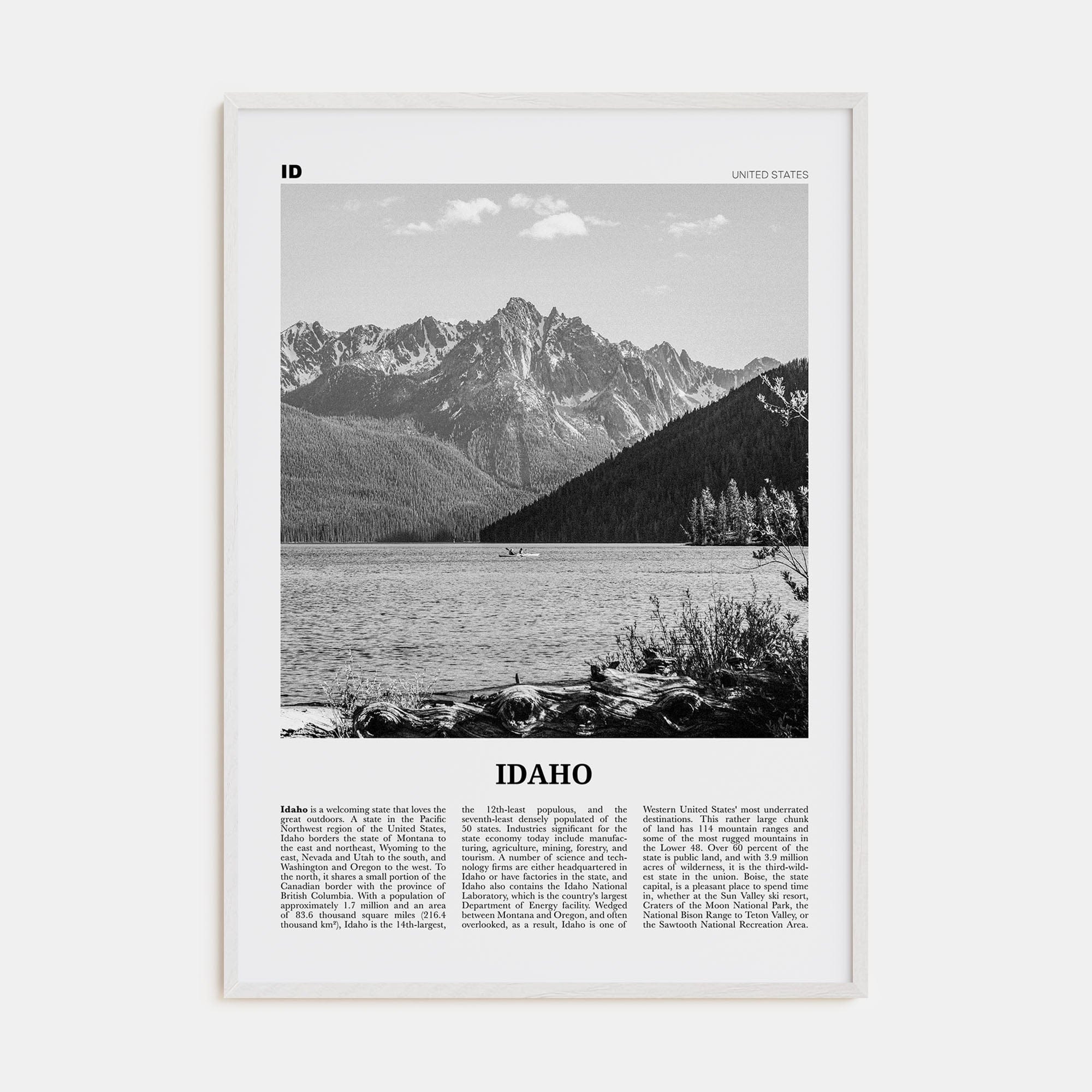 Idaho No 1 Poster White Wood / 8x12 in Nbourhood Travel B&W Poster