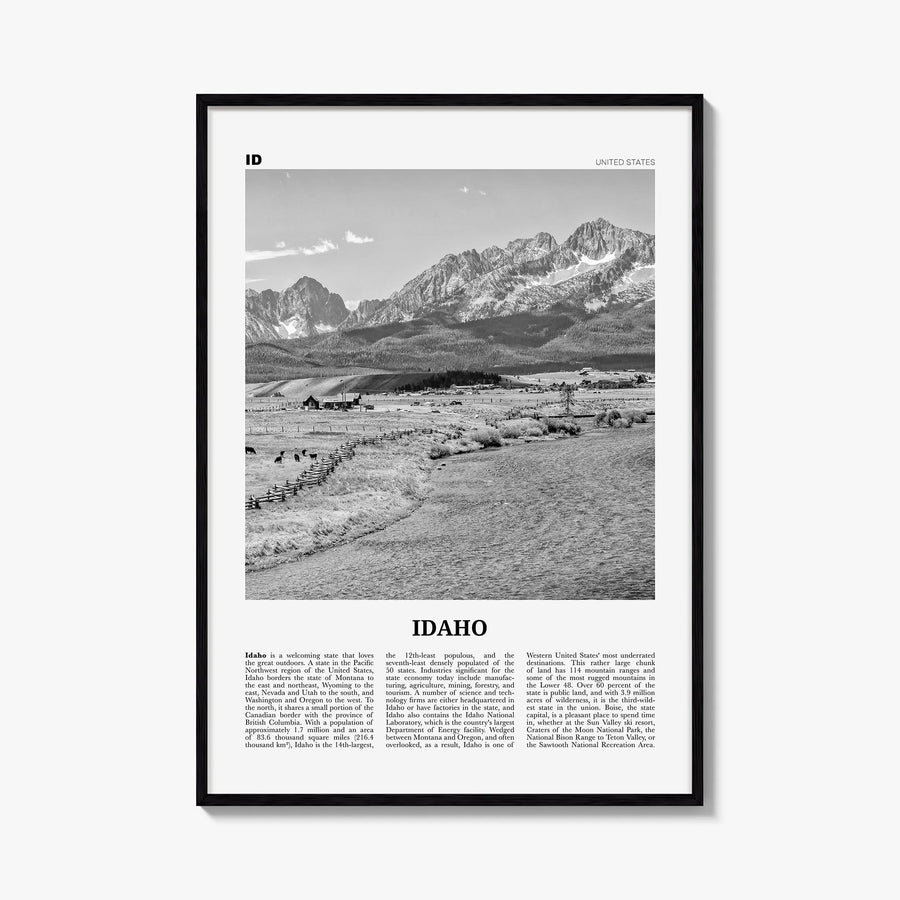 Idaho no. 2 black & white newspaper poster of United States – vertical wall art, unframed print shown in interior mockup