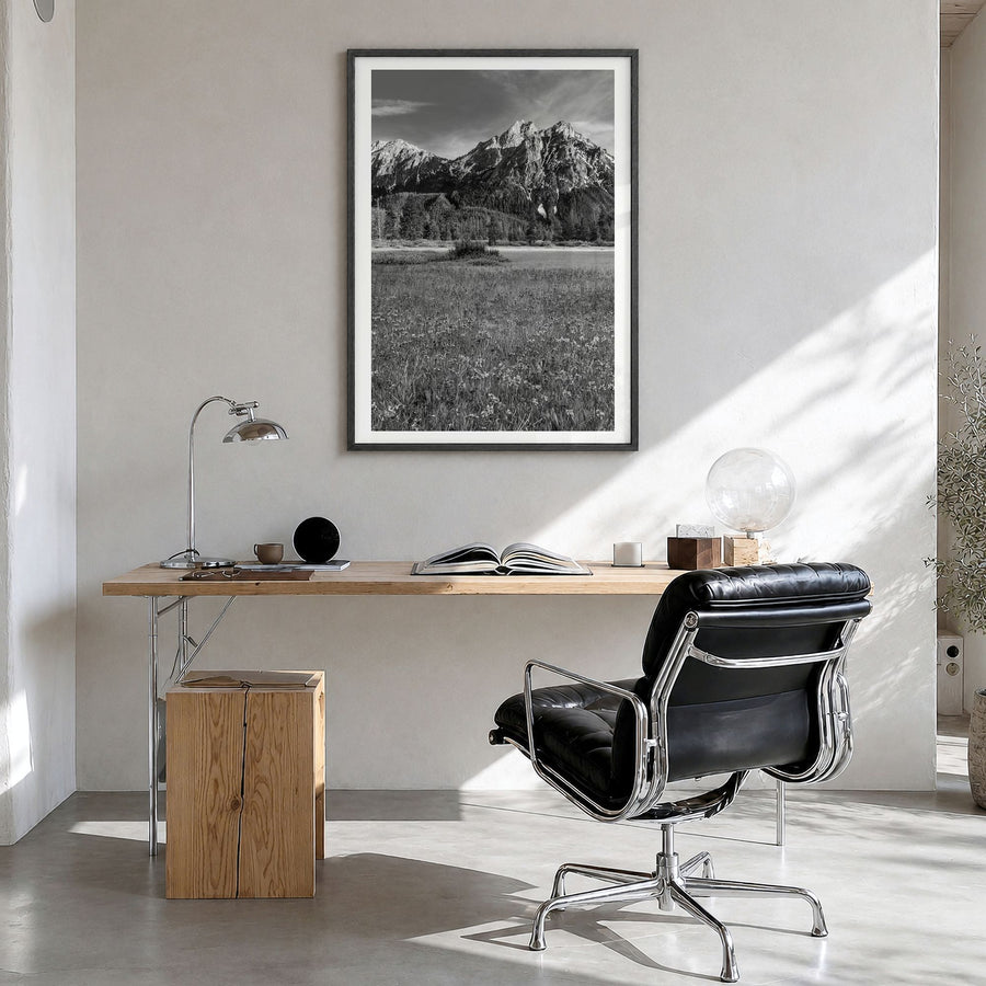 Idaho Photo Poster in a black wood frame, hanging in a bright home office, white border