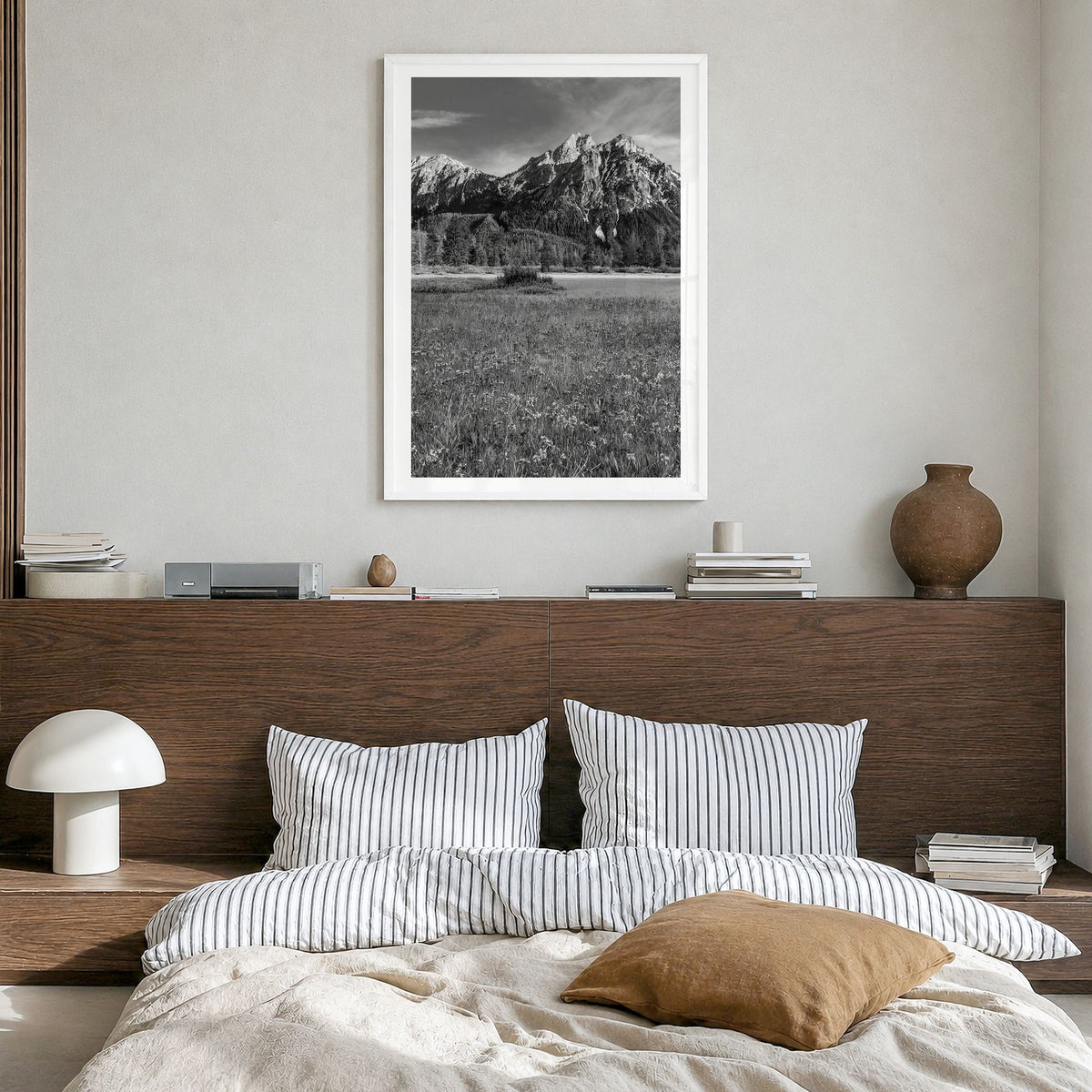 Idaho Photo Poster in a white wood frame, hanging in a bedroom, white border