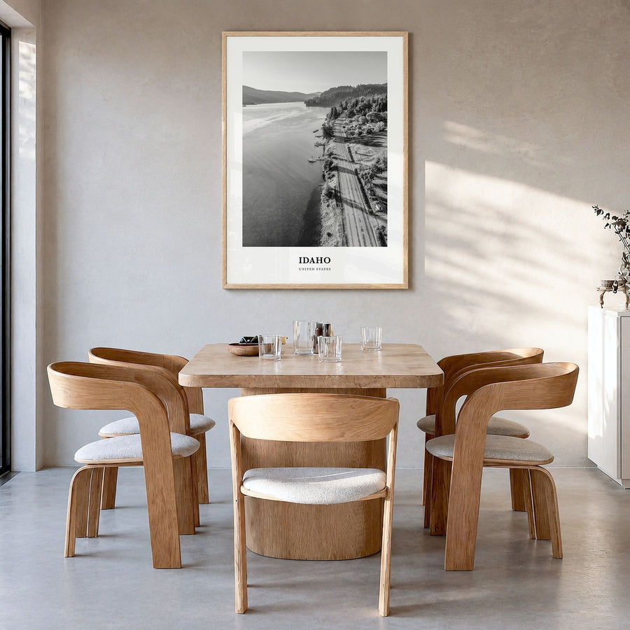 Idaho Classic No 2 Poster in a natural wood frame, hanging in a dining room