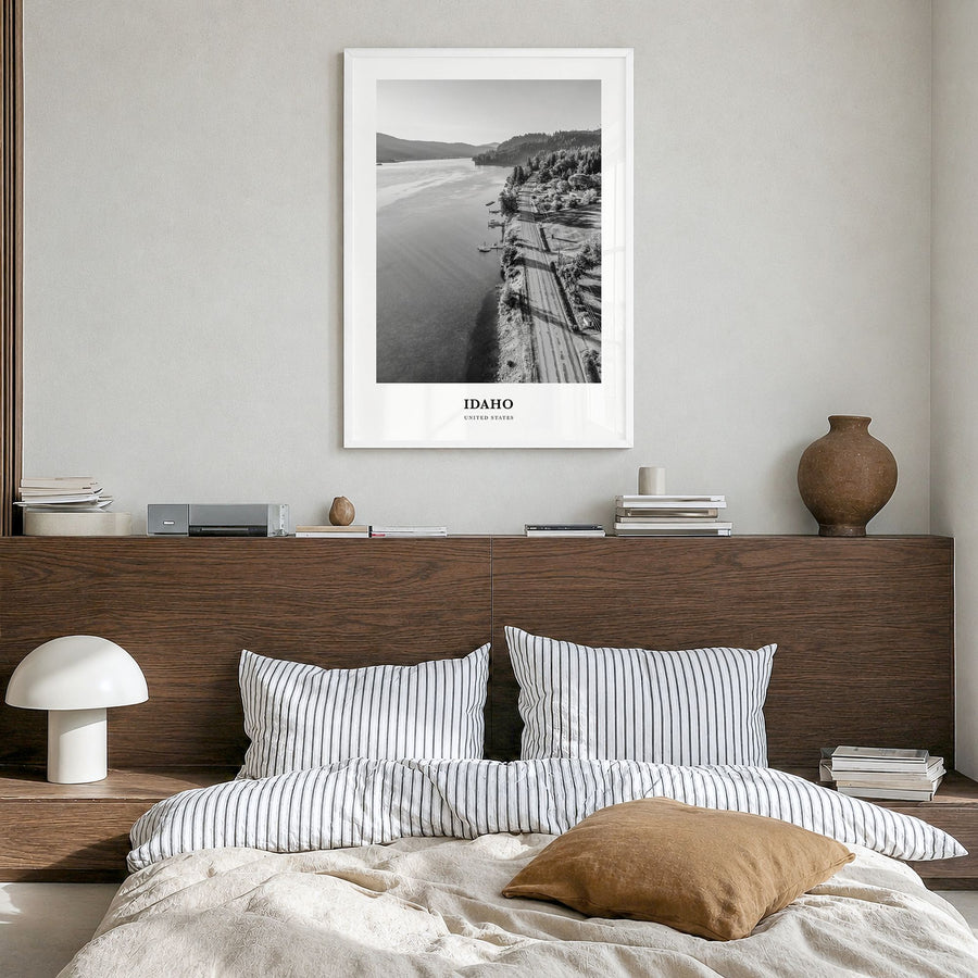 Idaho Classic No 2 Poster in a white wood frame, hanging in a bedroom