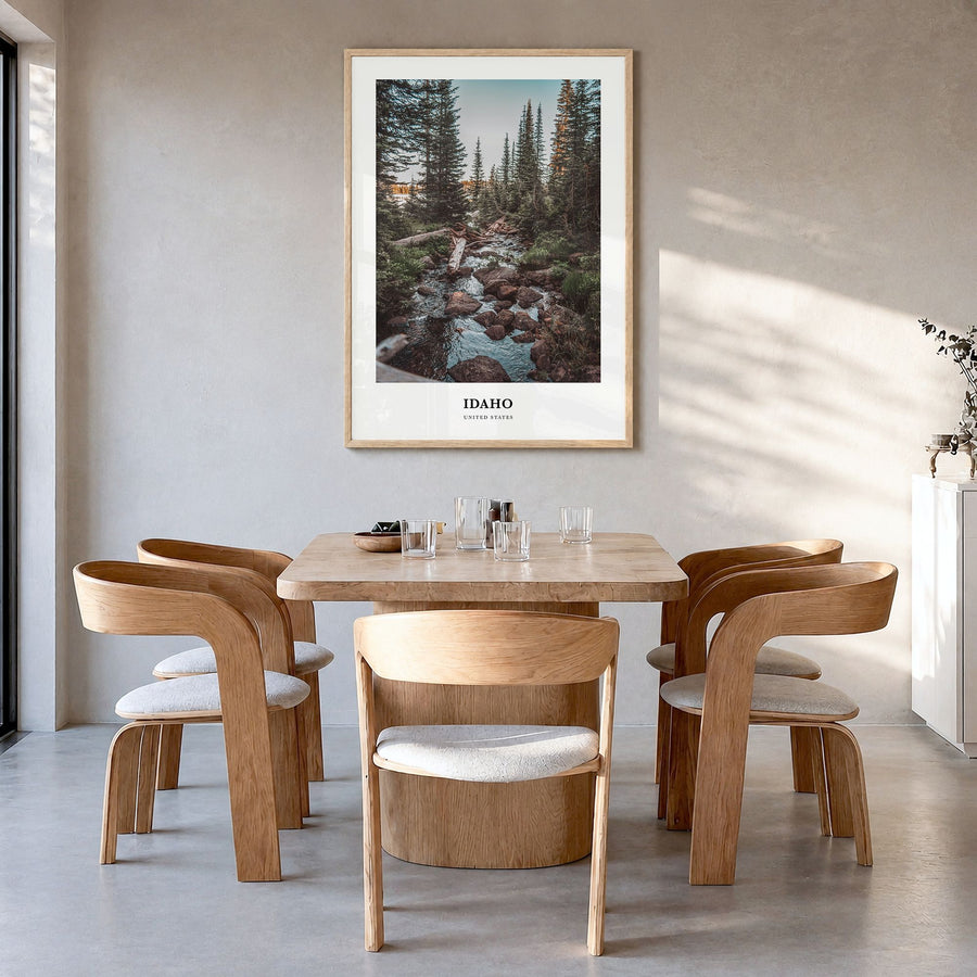 Idaho Classic No 1 Poster in a natural wood frame, hanging in a dining room