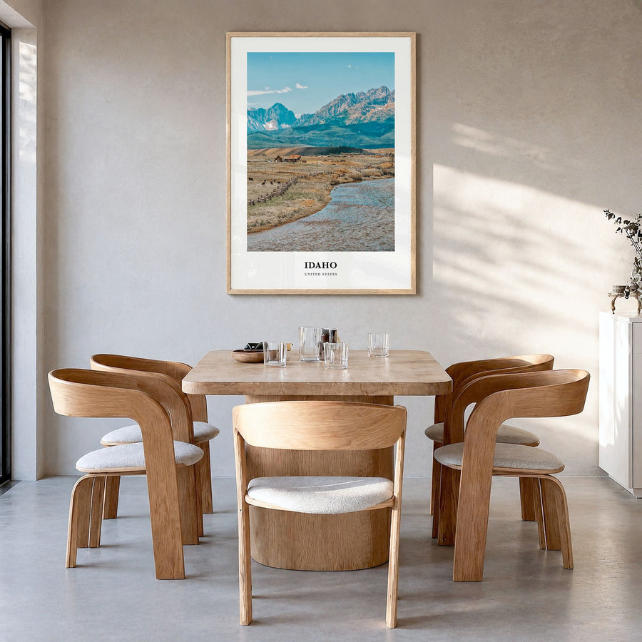 Idaho Classic No 2 Poster in a natural wood frame, hanging in a dining room