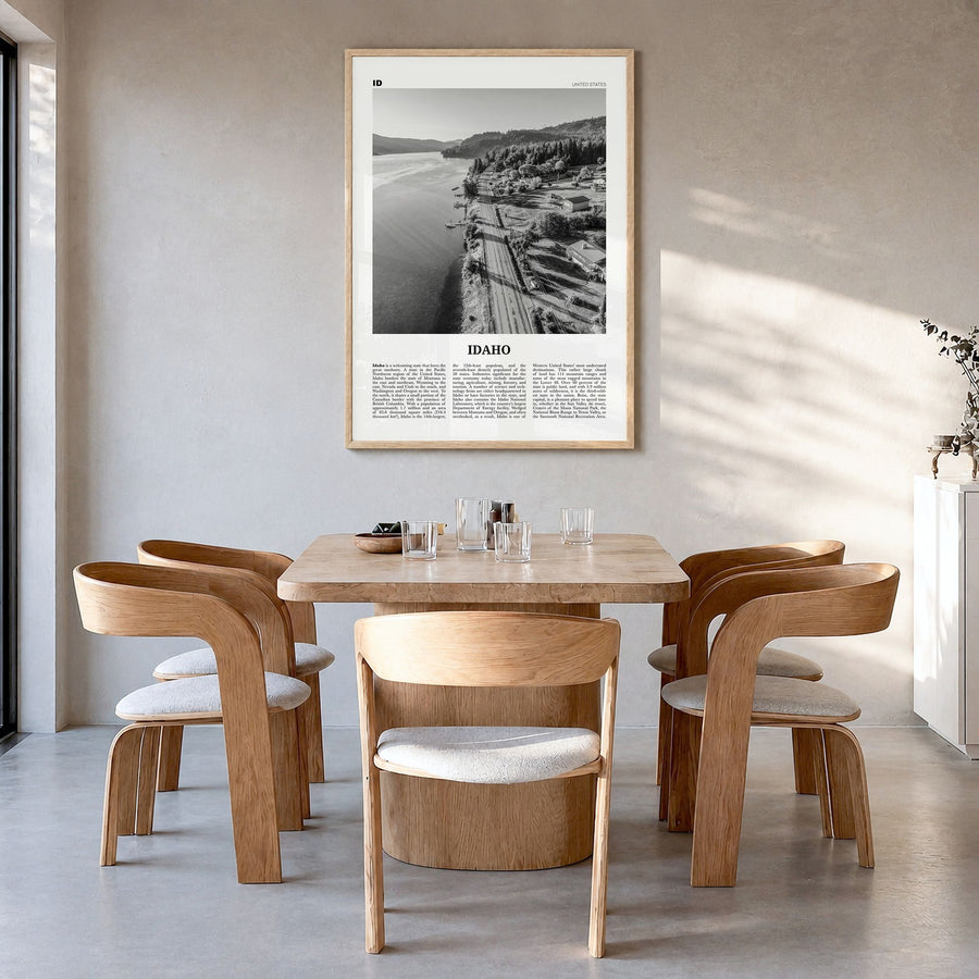 Idaho Newspaper No 3 Poster in a natural wood frame, hanging in a dining room