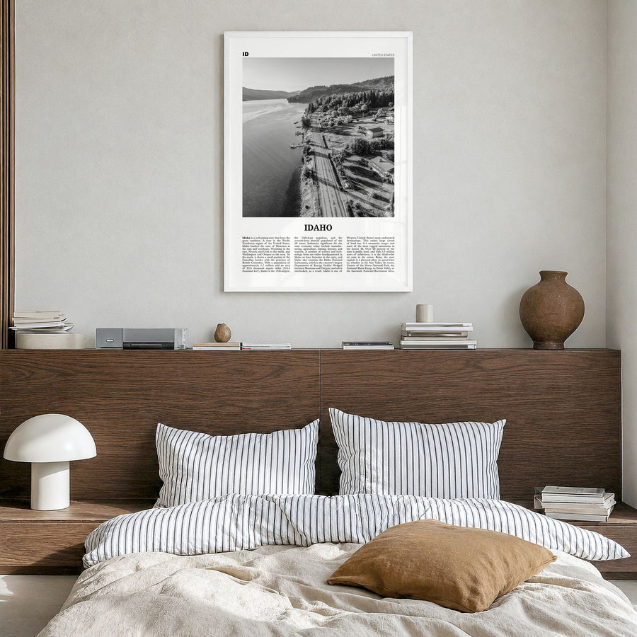 Idaho Newspaper No 3 Poster in a white wood frame, hanging in a bedroom