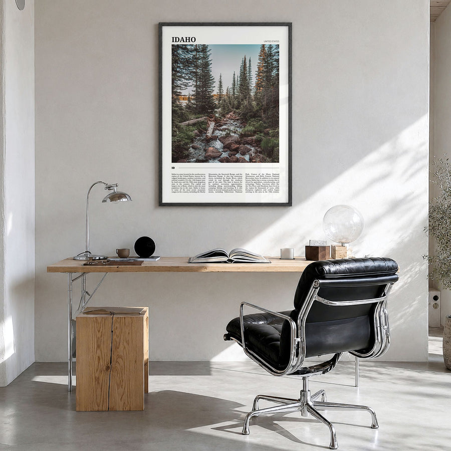 Idaho Travel No 1 Poster in a black wood frame, hanging in a bright home office
