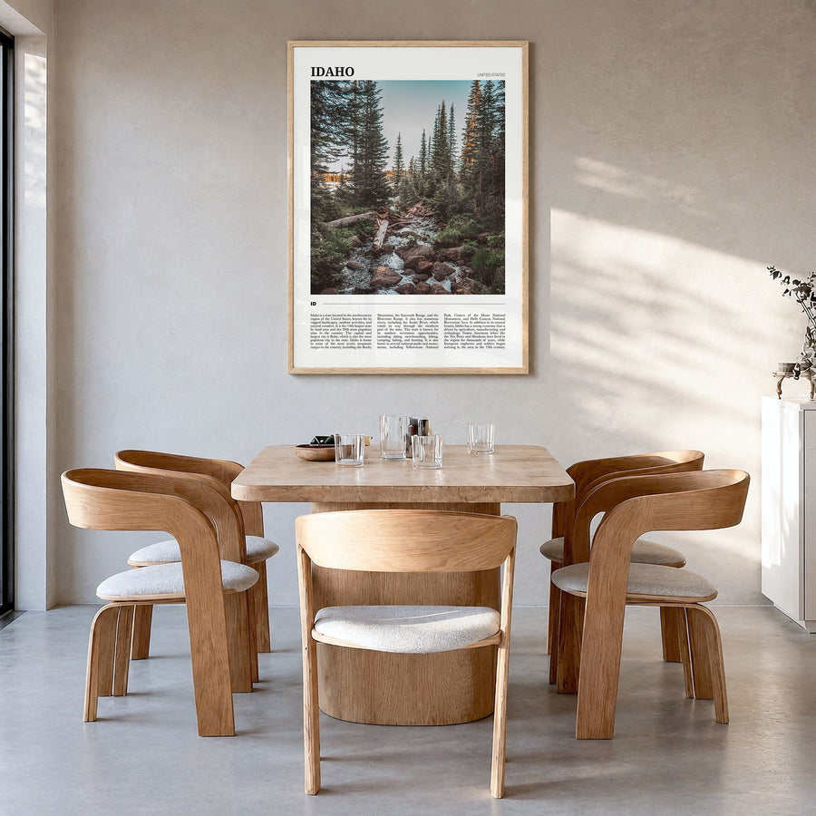 Idaho Travel No 1 Poster in a natural wood frame, hanging in a dining room