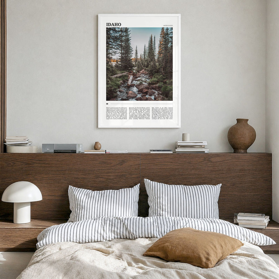Idaho Travel No 1 Poster in a white wood frame, hanging in a bedroom