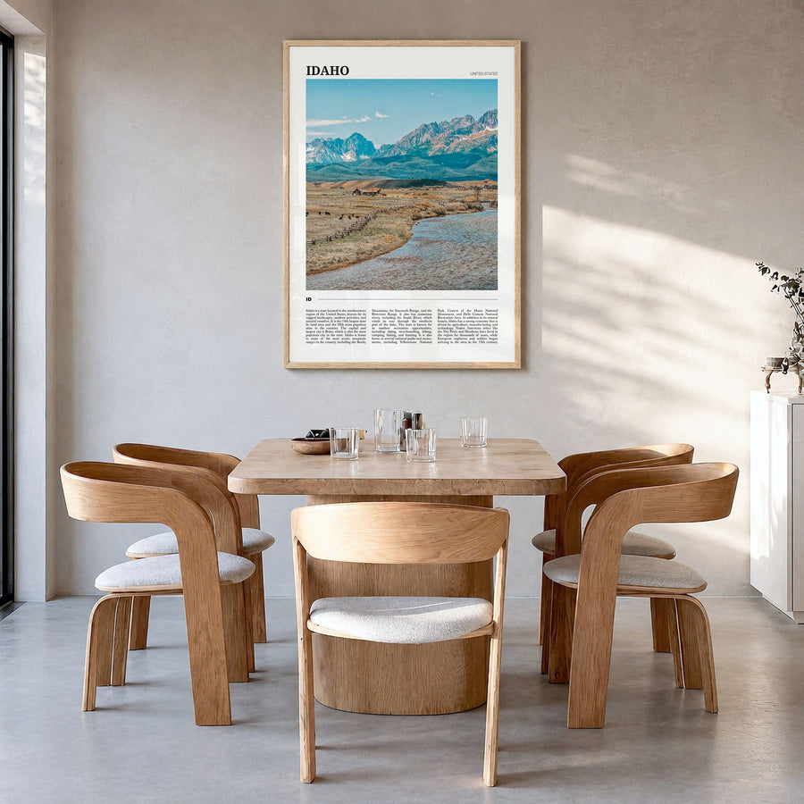 Idaho Travel No 2 Poster in a natural wood frame, hanging in a dining room