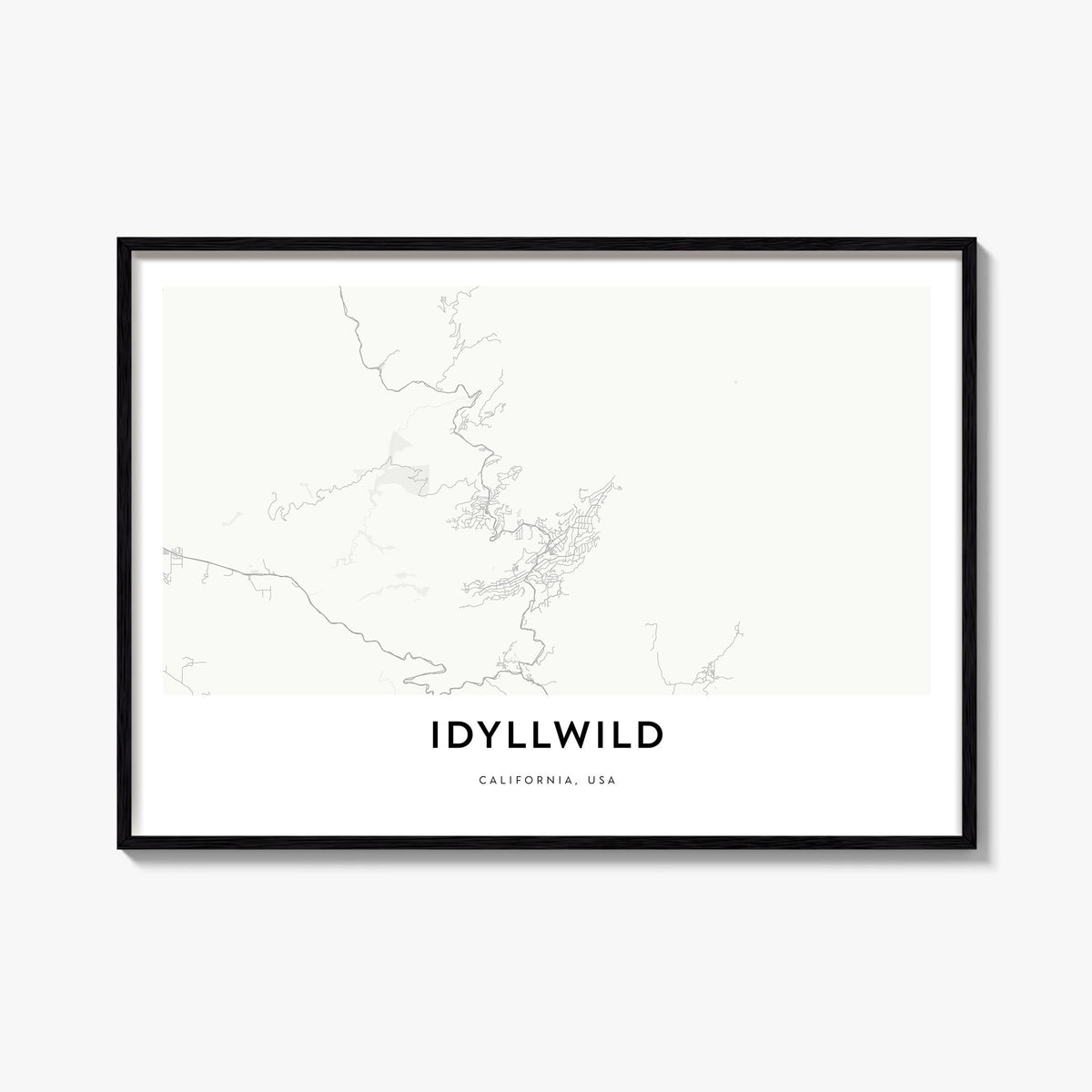 Idyllwild black & white map poster of California, USA – horizontal wall art, unframed print shown in interior mockup
