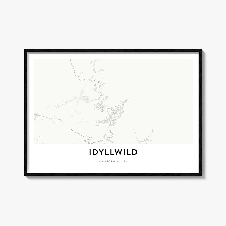 Idyllwild black & white map poster of California, USA – horizontal wall art, unframed print shown in interior mockup