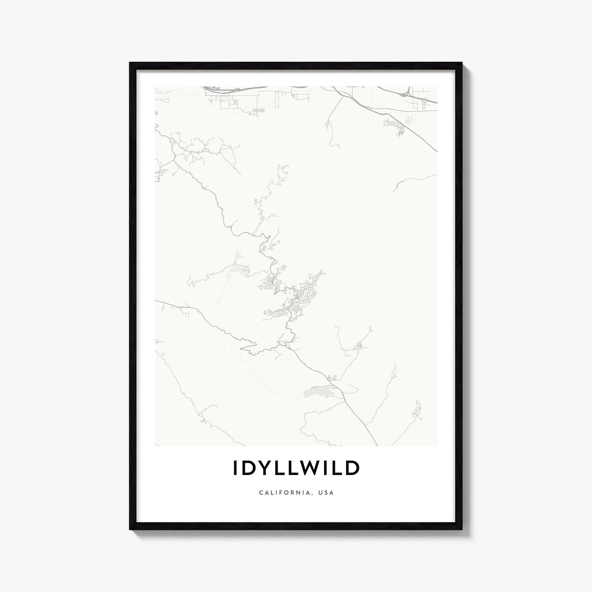 Idyllwild black & white map poster of California, USA – vertical wall art, unframed print shown in interior mockup